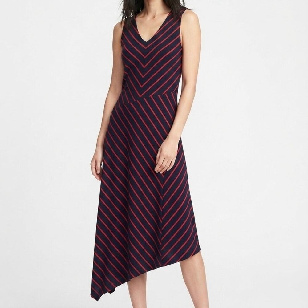 Brooks Brothers Red Fleece Navy Red Striped Sleeveless Midi Dress Size L
